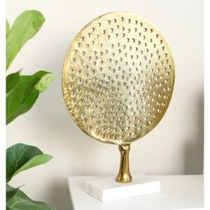 Home Décor 11" Round Gold Sculpture with Ring Holes on Marble Base Modern‎ Art